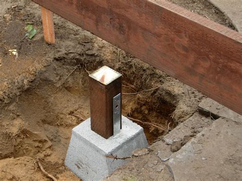 footing with metal bracket no wood underground|buried deck posts on footing.